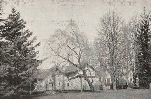 View of a house and trees, page, photomechanical print, inscription: '...', maker: Bonneau & Co., c. 1890 - in or before 1895, paper, autotypie, height 132 mm x width 195 mm, trees, housing, A grayscale photograph showing a group of tall trees with bare branches and evergreen foliage surrounding a multi-story house with a steep roof and visible windows; a large deciduous tree with twisted limbs stands in front of the house, partially obscuring it, and conifers frame the scene at the sides while a grassy area appears in the foreground.