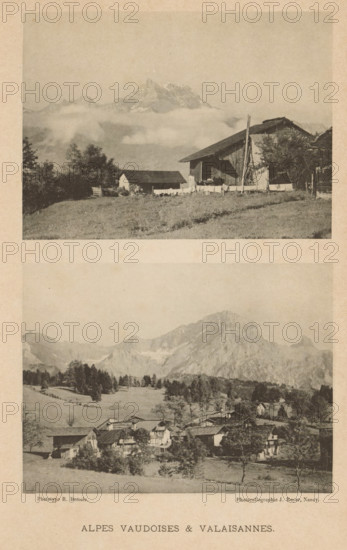 Plate with a view of the Valais Alps and the Alps in Vaud, Alpes Vaudoises & Valaisannes, page, photomechanical print, maker: Eugène Demole, maker: Jules Royer, c. 1890 - in or before 1895, paper, collotype, photoprint, height 170 mm x width 109 mm, city-view, and landscape with man-made constructions, mountains, A vertically oriented sheet shows two separate sepia-toned landscape photographs stacked one above the other, each framed by a pale border and surrounded by a textured background. The upper photograph depicts a gently sloping grassy foreground leading to a rustic wooden barn with a pitched roof and an adjacent smaller structure, a simple fence running nearby and a few scattered trees; low clouds hover in the midground and a rugged mountain peak rises behind them. The lower photograph shows a broad valley with grassy fields and tree clusters, a small village of clustered houses with pitched roofs in the middle distance, and steep rocky mountains forming a jagged backdrop.