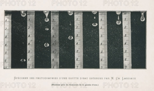 Different phases of a falling drop, Specimen des photographies d'une goutte d'eau obtenues par M.Ch. Lansiaux, page, photomechanical print, inscription: '(Premier prix du Concours de la goutte d'eau.)', photographer: Charles Lansiaux, cliché maker: anonymous, c. 1890 - in or before 1895, Charles Lansiaux, photographer, cliché maker, paper, autotypie, height 74 mm x width 180 mm, measuring instruments, A rectangular dark panel framed by a thin border occupies the center of the image, divided into several narrow vertical strips each containing a tall pale ruler with short horizontal tick marks against a textured dark background, and small rounded clear droplets positioned at various heights near the top and middle of the panel; the overall image has a light margin around the dark rectangle and pale paper surrounding it.