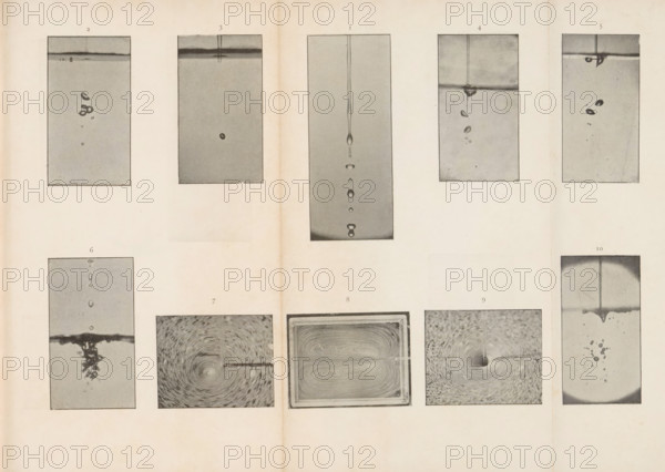 Ten images of water droplets, page, photomechanical print, number: '2 3 1 4 5, 6 7 8 9 10', c. 1891 - in or before 1896, paper, autotype, height 226 mm x width 323 mm, Print on folding page, opposite page 272., water (one of the four elements), A large sheet with a faded cream background displays a grid of rectangular framed photographic panels showing liquid surfaces and drops; the top row features vertical panels with droplets falling from a horizontal boundary and a central tall panel with a slender vertical column of liquid and a series of suspended and falling drops, the upper panels framed by thin dark borders; the lower row contains a mix of vertical and horizontal panels including images of turbulent liquid beneath a surface, a rectangular frame showing swirling flow patterns, and a circular vorticity pattern in a square panel; overall the images are grayscale with varied tones from light gray to dark and the sheet shows subtle vertical discoloration where it folds.