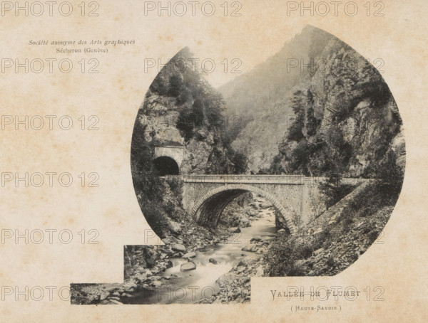 Vallée de Flumet (Haute-Savoie), View of a valley in Flumet, page, photomechanical print, inscription: 'Société anonyme des Arts graphiques, Sécheron (Geneva)', Flumet, c. 1891 - in or before 1896, paper, collotype, photoprint, height 120 mm x width 135 mm, bridge, dale, valley, A sepia-toned circular photograph framed against a textured beige background showing a rocky valley with steep cliffs and conifer trees, a stone arch bridge spanning a rocky stream, a tunnel entrance cut into the rock at one side of the bridge, scattered boulders and flowing water beneath the bridge, and rugged vegetation clinging to the slopes.