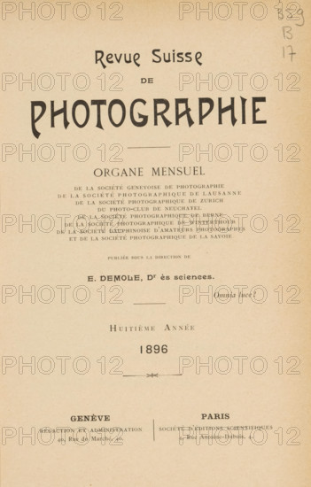 Revue suisse de photographie, Société genevoise de photographie, et al., book, name: 'Jer. van Severen, Ruysselede', annotation: 'NOV, 1994', collector's mark: 'Dr. Frans de Vos, 54, Ter Rivierenlaan, DEURNE, Telst.: 5.6.90 - Postcheckr. 504.1..', number: '130, 208', editor (person who revises): Eugène Demole, 1896, Eugène Demole, editor (person who revises), textile materials, pasteboard, biological material, paper, linen (material), leather, printing, shell marbled paper, agate marbled paper, lithography, autotype, collotype, height 232 mm x width 160 mm x thickness 30 mm, A yellowed page with a large bold title near the top, decorative horizontal rules, and multiple lines of smaller printed lines arranged in centered blocks, all in various serif and display typefaces, with a narrow margin on the left and right and pencil marks along the right edge.