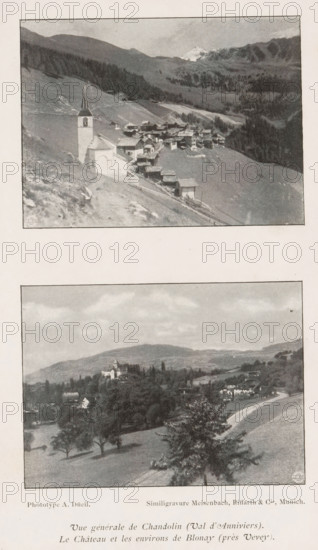 View of Chandolin, Switzerland, Vue générale de Chandolin (Val d'Anniviers), page, photomechanical print, maker: A. Düeil, cliché maker: Meisenbach, Riffarth & Cie., Munich, c. 1892 - in or before 1897, A. Düeil, Meisenbach, cliché maker, Bavaria, paper, autotypie, height 75 mm x width 100 mm, prospect of village, silhouette of village, Chandolin, A vertically oriented page shows two sepia-toned landscape photographs framed with thin borders, one above the other, separated by blank space; the top photograph depicts a hillside village with clustered buildings and a church featuring a tall steeple rising near the foreground, sloping terrain with scattered structures and fenced paths leading down the hill, dark tree-covered ridges and distant mountains in the background, and a textured sky; the lower photograph shows a gently rolling landscape with trees in a grassy foreground, a winding road curving past farmhouses and clustered buildings, a larger building complex set on a rise amid tre...