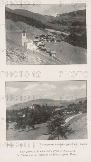 View of the castle and surroundings of Blonay, Switzerland, Le Château et les environs de Blonay (près Vevey), page, photomechanical print, maker: A. Düeil, cliché maker: Meisenbach, Riffarth & Cie., Munich, c. 1892 - in or before 1897, Bavaria, paper, autotypie, height 72 mm x width 100 mm, prospect of village, silhouette of village, mountains, Blonay, A page showing two rectangular black-and-white landscape photographs framed by thin borders, one above the other, each depicting rural scenes. The upper photograph shows a hillside village with clustered buildings and a prominent church with a steeple in the foreground, sloping terrain, scattered small structures, and distant forested mountains with a snow-capped peak visible on the skyline. The lower photograph shows a countryside view with rolling hills, a winding road, scattered houses and a larger building on a rise, trees in the foreground and midground, and distant low mountains under a cloudy sky.