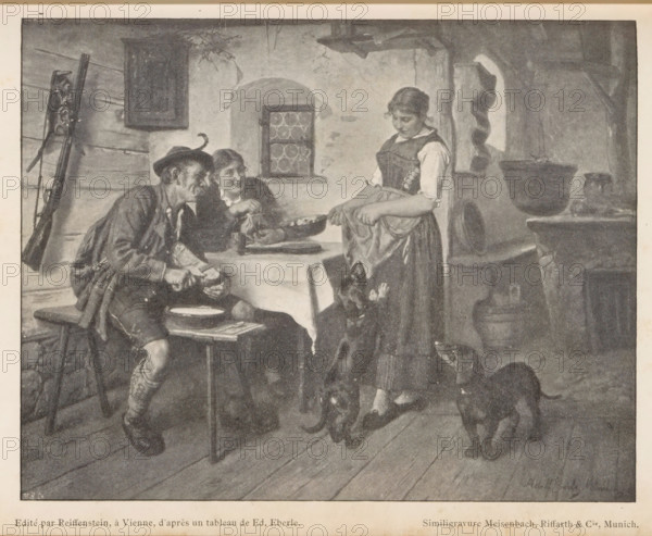 Reproduction of a painting of a family at the table by Adolf Eberle, reproduction, page, photomechanical print, cliché maker: Meisenbach, Riffarth & Cie., Munich, after painting by Adolf Eberle, publisher: Reiffenstein & Rösch, c. 1892 - in or before 1897, photographer, Bavaria, paper, autotypie, height 126 mm x width 160 mm, adult woman, adult man, dog, dining-room, A grayscale illustration of an interior scene showing three people and two dogs around a small table. A seated man wearing a hat and rustic clothing sits on a bench at one side of the table holding an object in his hands. Next to him a seated woman leans forward with a smiling expression, hands near a bowl on the table. A standing young woman in a traditional dress holds a cloth and looks down toward the table. Two dogs stand on the wooden floor near the young woman's feet, facing toward the people. The room features a small window with patterned panes set in a textured wall, a large pot or cauldron on a ledge, hanging rop...