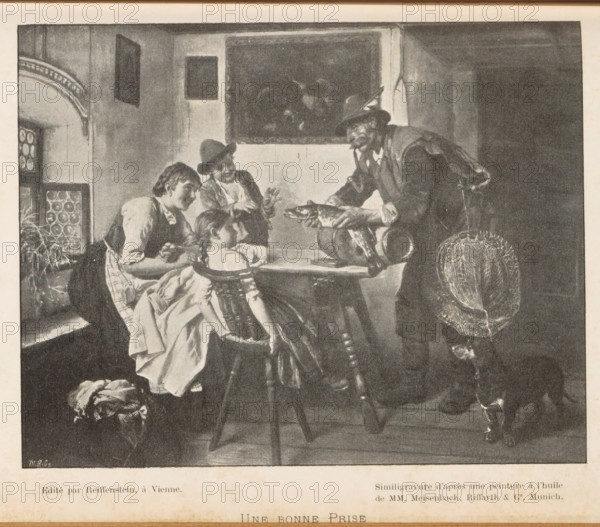 Reproduction of a painting of a family at the table, probably by Adolf Eberle, Une bonne Prize, reproduction, page, photomechanical print, cliché maker: Meisenbach, Riffarth & Cie., Munich, after painting by Adolf Eberle (possibly), publisher: Reiffenstein & Rösch, Vienna, c. 1892 - in or before 1897, photographer, Bavaria, Lower Austria, paper, autotypie, height 119 mm x width 151 mm, family life at home, dining-room, An interior scene in muted tones shows a man wearing a hat and coat leaning toward a wooden table while holding a large fish over a metal container, a woven basket hanging at his side; around the table three children and a woman in period clothing watch him, one child seated in a wooden chair with braided hair and another child standing with a hat, the woman leaning forward from a window seat; the room features a window with circular panes, a wall with framed dark rectangles, a large dark painting above the table, and wooden floorboards beneath the furniture.