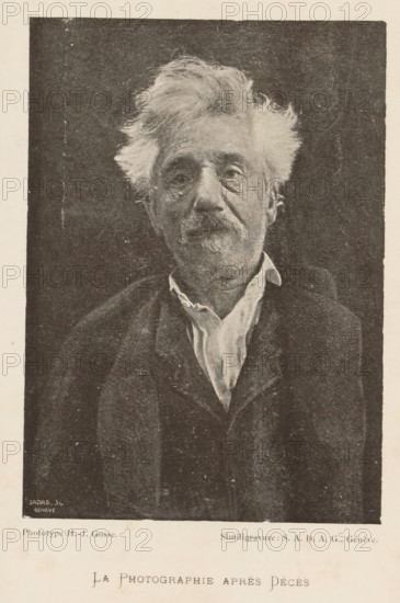 Portrait of an unknown deceased man, La Photographie après Décès, page, photomechanical print, maker: H.-J. Gosse, cliché maker: Société Anonyme des Arts Graphiques, Geneva, c. 1892 - in or before 1897, paper, autotypie, height 140 mm x width 100 mm, historical persons not known by name, the corpse, A sepia-toned portrait of an older man shown from the chest up, with tousled white hair and a mustache and beard, wearing a dark coat and a lighter collar visible at the neck, set against a dark textured background, the image framed by a lighter margin.