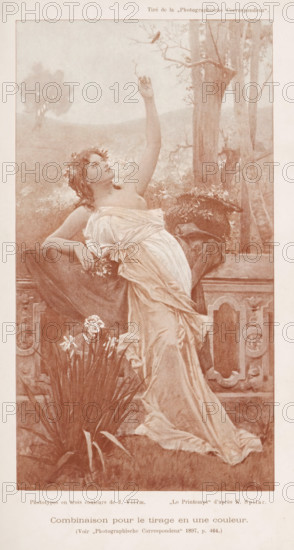 Combinaison pour le tirage en une couleur, Reproduction of Le Printemps by K. Spilar, reproduction, page, photomechanical print, inscription: '(Voir 'Photographic Correspondez'1897, p. 464.)', maker: J. Villim, after painting by K. Spilar, c. 1893 - in or before 1898, paper, autotypie, height 181 mm x width 99 mm, adult woman, spring landscape, landscape symbolizing spring (the four seasons of the year), A tall sepia-toned image of a woman seated on an ornate stone balustrade, wearing a flowing, draped gown that cascades to the ground, her head crowned with foliage, one arm resting on the balustrade and the other raised upward toward a small bird perched on a thin tree branch; behind her are trees and distant landscape, and at her side on the balustrade sits a wreath of leaves, while in the foreground a cluster of tall flowers stands at the base of the balustrade.
