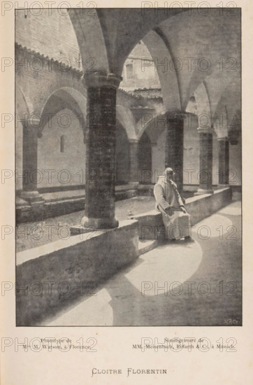 Cloitre Florentin, Monk in a Monastery in Florence, page, photomechanical print, maker: M. Watson, cliché maker: Meisenbach, Riffarth & Cie., Munich, c. 1894 - in or before 1899, Bavaria, paper, autotypie, height 155 mm x width 111 mm, monk(s), friar(s), cloisters, monastery, Florence, Tuscany, A grayscale photograph of a cloister courtyard with stone arches and columns surrounding an open central area, showing a long low stone bench running along the colonnade; a person wearing a long light-colored robe and head covering sits on the bench near a column, facing slightly toward the camera with hands resting on their lap; sunlight casts curved bright patches on the floor of the covered walkway and creates soft shadows from the arches and columns; the stone surfaces of walls, columns, and benches show textured weathering, and the upper parts of the courtyard reveal tiled roof edges and a small rectangular opening in a distant wall.