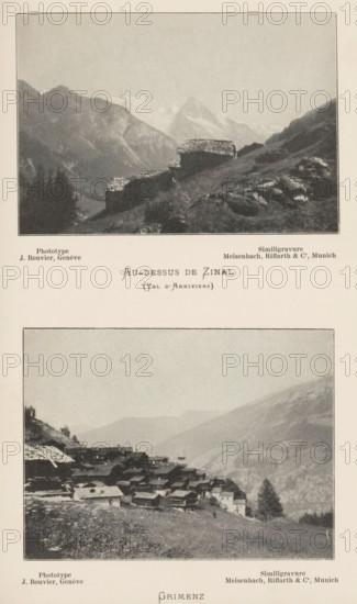 Mountain landscape with huts near Zinal, Au-dessus de Zinal (Val d'Anniviers), page, photomechanical print, maker: Joseph Bouvier, cliché maker: Meisenbach, Riffarth & Cie., Munich, c. 1895 - in or before 1900, Joseph Bouvier, Meisenbach, cliché maker, Bavaria, paper, autotypie, height 76 mm x width 110 mm, city-view in general, 'veduta', mountain-range, snow peaks, hut, cabin, lodge, Zinal, A vertically oriented page showing two black-and-white landscape photographs framed with thin borders and separated by text. The top photograph depicts a mountainous scene with steep slopes, rocky outcrops, and a cluster of stone huts with flat, shingled roofs situated on a grassy incline; distant peaks rise behind a hazy sky. The middle area between photographs contains centered printed words. The bottom photograph shows a hillside village of closely spaced buildings with pitched roofs extending along a slope, foreground grass and scattered rocks, a lone tree near the village edge, and layered mou...