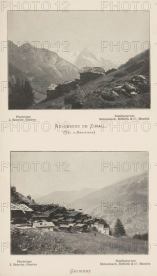 Grimenz, View of Grimentz, page, photomechanical print, maker: Joseph Bouvier, cliché maker: Meisenbach, Riffarth & Cie., Munich, c. 1895 - in or before 1900, Bavaria, paper, autotypie, height 79 mm x width 110 mm, city-view in general, 'veduta', mountains, hut, cabin, lodge, Grimentz, A vertical page showing two black-and-white photographic plates separated by blank space, each framed with a thin border. The upper photograph depicts a mountainous landscape with steep slopes and rocky terrain, a cluster of low stone buildings with flat, textured roofs set on a hillside in the foreground, distant jagged peaks partially obscured by haze, and scattered rocks and grassy patches on the slope. The lower photograph shows a village of closely packed buildings with pitched and flat roofs arranged on a terraced hillside, a lone tall tree near the edge of the settlement, rolling valley slopes and misty distant mountains in the background, and foreground grass and uneven ground.