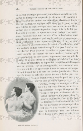 Two bare male backs, page, photomechanical print, monogram: 'C. Cie', photographer: Charles Messaz, cliché maker: Corbaz & Cie, c. 1897 - in or before 1902, paper, autotypie, height 74 mm x width 56 mm, historical persons, back, A page from a book showing a large block of printed paragraphs in a serif font occupying the upper and right portions, with a small header near the top center and a small number at the top left; at the lower left is an oval photographic vignette of two shirtless figures viewed from behind, one slightly in front with an arm around the other, both with short dark hair and pale skin tones against a soft gray background, and a small photographer credit line beneath the image.