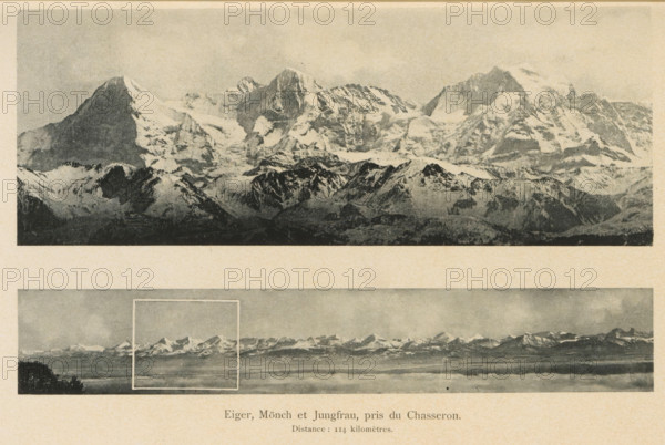 Two mountain landscapes of the Alps, including a detail of the Eiger, Mönch and the Jungfrau, Eiger, Mönch et Jungfrau, pris du Chasseron, page, photomechanical print, inscription: 'Distance: 114 kilometers', inscription: 'Revue Suisse de photographie, Jun 1902', c. 1897 - in or before 1902, paper, collotype, photoprint, height 109 mm x width 98 mm, mountain-range, snow peaks, Alps, Bernese Alps, Jungfrau, A wide grayscale image showing two horizontal panoramic photographs of mountain ranges stacked vertically on a textured paper background, the top photograph depicting a close view of snow-covered jagged peaks with dark rocky faces and lighter snowfields, the bottom photograph showing a more distant mountain skyline with a lighter tone and a faint rectangular frame over part of it, both photographs separated by a blank strip of paper and surrounded by a slightly darker margin.