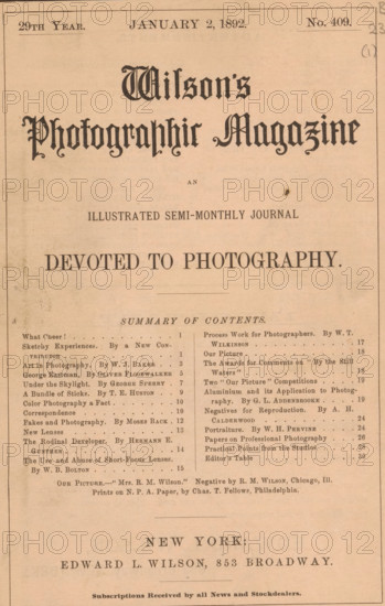 Wilson's photographic magazine, magazine, publisher: Edward Livingston Wilson, New York (city), 1892-01-02, Edward Livingston Wilson, publisher, North America, paper, printing, autotype, printing block, albumen print, height 254 mm x width 175 mm x thickness 4 mm, A single aged magazine cover printed on tan paper with a decorative ornate masthead near the top and a centered large bold headline below it, followed by a short line of small caps text and a larger bold tagline. Below that is a thin horizontal rule and a two-column list of items separated by a vertical rule, each column containing multiple short lines of printed entries. The paper shows slight discoloration and small blemishes, and margins are visible on all sides with a thin border line near the edges. The bottom portion includes a centered block of larger text above a final faint horizontal rule and a small line of fine print along the lower edge.