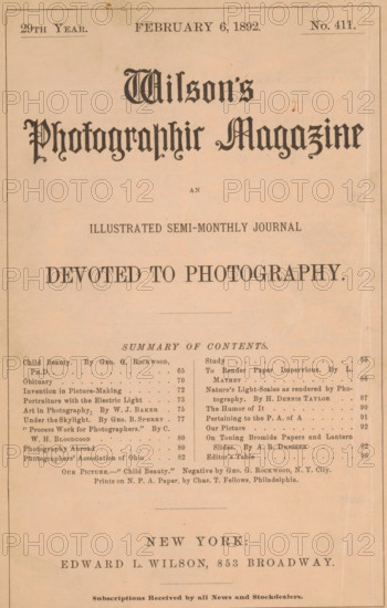Wilson's photographic magazine, magazine, publisher: Edward Livingston Wilson, New York (city), 1892-02-06, Edward Livingston Wilson, publisher, North America, paper, printing, autotype, printing block, albumen print, height 256 mm x width 174 mm x thickness 4 mm, The image shows a vintage magazine cover with a pale peach background and a thin dark border, ornate blackletter title near the top, a centered subtitle in a serif typeface beneath it, and a large bold line of text below that. Below the main heading is a horizontal rule and a centered section heading followed by two narrow columns of small serif text, each column separated by a thin vertical rule, and a centered line of smaller text beneath the columns. Near the bottom is a wide area with a city name in large spaced serif letters and a publisher line in bold serif type, with additional small text along the very bottom. The page shows slight discoloration, foxing spots, and faint creases.