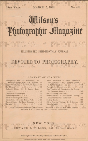 Wilson's photographic magazine, magazine, publisher: Edward Livingston Wilson, New York (city), 1892-03-05, Edward Livingston Wilson, publisher, North America, paper, printing, autotype, wood engraving, albumen print, height 255 mm x width 177 mm x thickness 4 mm, The image shows the front page of an old magazine printed on beige paper with a narrow dark border, featuring a large ornate blackletter title near the top and several lines of smaller type arranged in centered and column formats below, including a bold headline in larger serif type across the middle, a block of summary text in two narrow columns, and a smaller centered line of text near the bottom above a larger centered place-name line and a final line of small print at the very bottom; there are faint age spots and slight creases visible on the paper.