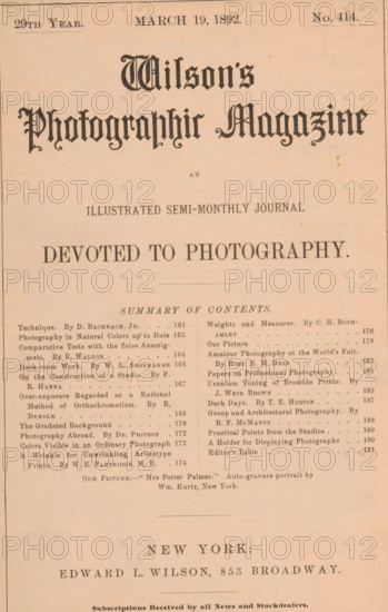 Wilson's photographic magazine, magazine, publisher: Edward Livingston Wilson, New York (city), 1892-03-19, Edward Livingston Wilson, publisher, North America, paper, printing, wood engraving, autotype, height 252 mm x width 177 mm x thickness 4 mm, A vertical page with a pale peach background and dark printed headings arranged in centered and column formats, featuring ornate blackletter title lettering near the top and a large bold line of capitalized serif text below, followed by a thin horizontal rule and a block of smaller serif text laid out in two narrow columns with dotted leader lines, and a wide blank margin near the bottom above another centered line of bold serif text and additional smaller centered lines near the base.