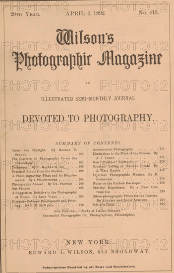 Wilson's photographic magazine, magazine, publisher: Edward Livingston Wilson, New York (city), 1892-04-02, Edward Livingston Wilson, publisher, North America, paper, printing, wood engraving, autotype, albumen print, height 255 mm x width 176 mm x thickness 4 mm, A faded, sepia-toned page with ornate blackletter headings at the top, a centered large bold line of text beneath them, and several smaller blocks of printed lines arranged in two narrow columns toward the middle and bottom; thin rectangular border lines frame the page, and there are faint creases and age spots visible on the paper.