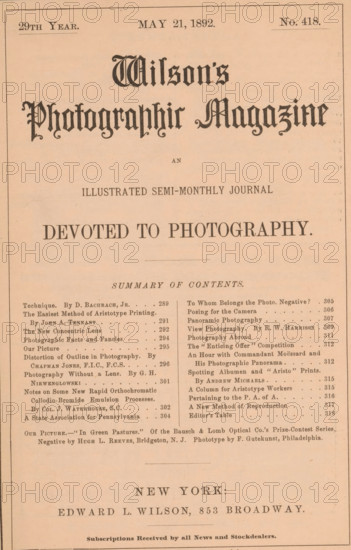 Wilson's photographic magazine, magazine, publisher: Edward Livingston Wilson, New York (city), 1892-05-21, Edward Livingston Wilson, publisher, North America, paper, printing, wood engraving, autotype, collotype, height 255 mm x width 176 mm x thickness 4 mm, A tall, narrow printed page with a pale, slightly aged background and a thin rectangular border, featuring a large ornate headline in a dark decorative blackletter style centered near the top, followed by smaller lines of centered text in various serif fonts, a wide blank area, a centered bold phrase in uppercase serif type, a horizontal rule and then a two-column list of entries in small serif type separated by a thin vertical dividing line, with some short paragraphs and additional small text blocks toward the bottom, and a larger centered line of bold serif text near the lower portion above a final small line of fine print at the very bottom.