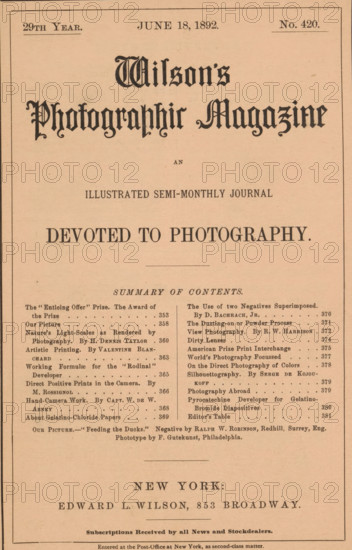 Wilson's photographic magazine, magazine, publisher: Edward Livingston Wilson, New York (city), 1892-06-18, Edward Livingston Wilson, publisher, North America, paper, printing, wood engraving, autotype, collotype, height 254 mm x width 176 mm x thickness 4 mm, A vertically oriented aged paper page with a decorative blackletter title near the top, centered ornamental headings and blocks of smaller printed columns lower down, a pale tan background with a thin dark border around the page, horizontal divider lines separating sections, and an overall vintage typographic layout with varying typefaces and spacing.