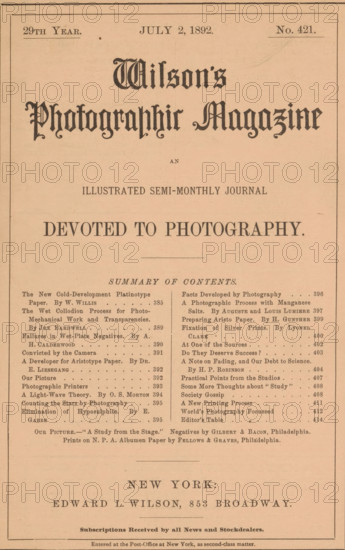 Wilson's photographic magazine, magazine, publisher: Edward Livingston Wilson, New York (city), 1892-07-02, Edward Livingston Wilson, publisher, North America, paper, printing, wood engraving, autotype, albumen print, height 256 mm x width 176 mm x thickness 4 mm, The image shows a vintage magazine cover printed on tan paper with a thin rectangular border and ornate black typography; large stylized decorative lettering dominates the upper portion, with smaller serif headings and columns of dense printed lists below; a horizontal rule separates sections, and a centered line of bold capital text appears midway; the lower portion features additional centered text and a larger serif name near the bottom; the overall layout is symmetrical with narrow margins and an aged paper texture.