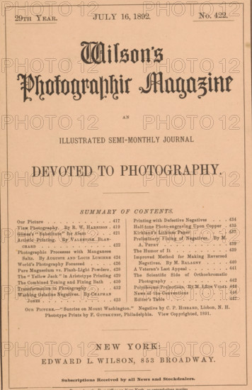 Wilson's photographic magazine, magazine, publisher: Edward Livingston Wilson, New York (city), 1892-07-16, Edward Livingston Wilson, publisher, North America, paper, printing, wood engraving, autotype, collotype, height 257 mm x width 176 mm x thickness 4 mm, A faded peach-colored magazine cover with a decorative black border, ornate blackletter title text near the top, a large centered subtitle in bold uppercase letters below it, and columns of smaller serif text and dotted lines in the middle area resembling a contents list, all printed in dark ink on aged paper.