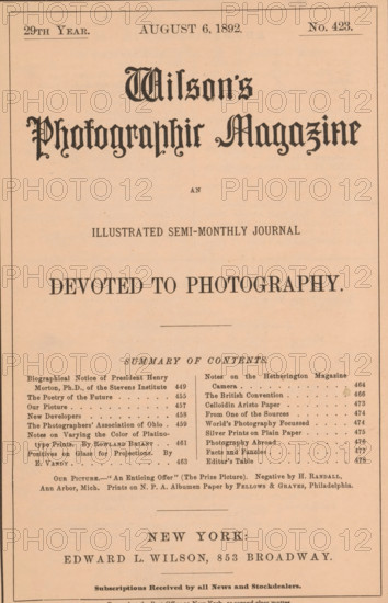 Wilson's photographic magazine, magazine, publisher: Edward Livingston Wilson, New York (city), 1892-08-06, Edward Livingston Wilson, publisher, North America, paper, printing, wood engraving, autotype, albumen print, height 258 mm x width 175 mm x thickness 4 mm, A full-page vintage magazine cover with a pale salmon background and a thin dark border, featuring ornate blackletter title lettering near the top, several lines of centered, bold serif headings in different sizes across the page, a horizontal rule separating sections, and two narrow columns of smaller printed entries toward the lower third. The page shows aged paper texture with slight discoloration and a few small spots, even margins, and a larger block of centered text and typographic elements near the bottom.