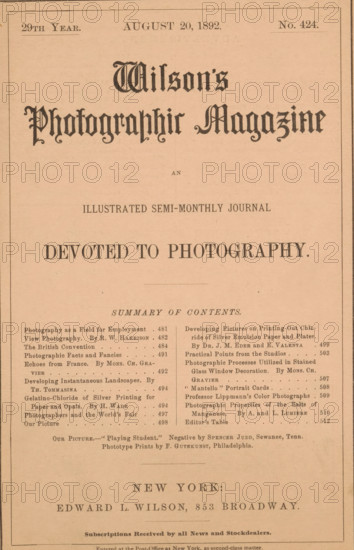 Wilson's photographic magazine, magazine, publisher: Edward Livingston Wilson, New York (city), 1892-08-20, Edward Livingston Wilson, publisher, North America, paper, printing, wood engraving, autotype, collotype, height 257 mm x width 174 mm x thickness 4 mm, The image shows a sepia-toned magazine cover with ornate blackletter masthead across the top and several lines of centered headings and subheadings below, separated by thin horizontal rules; there is a two-column list of entries in smaller type in the middle portion, framed by a thin rectangular border around the whole page, and larger centered publisher information and location near the lower portion.