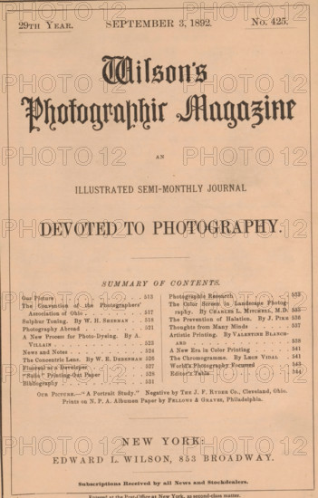 Wilson's photographic magazine, magazine, publisher: Edward Livingston Wilson, New York (city), 1892-09-03, Edward Livingston Wilson, publisher, North America, paper, printing, wood engraving, autotype, albumen print, height 255 mm x width 175 mm x thickness 4 mm, A vertical page with a pale peach background and a thin dark border, featuring a large ornate black title in a decorative gothic style near the top and centered medium-weight heading text below it, followed by a larger bold line of text in heavy serif type across the page. Below that is a thin horizontal rule and a lighter-weight centered subheading above two narrow columns of smaller serif text and dotted leader lines, each column separated by a faint vertical gap and containing short lines of text aligned left and right. Midpage shows a short centered line of small text above a horizontal rule, and the lower third of the page displays a wide centered place-name in bold uppercase serif with additional centered lines of small...
