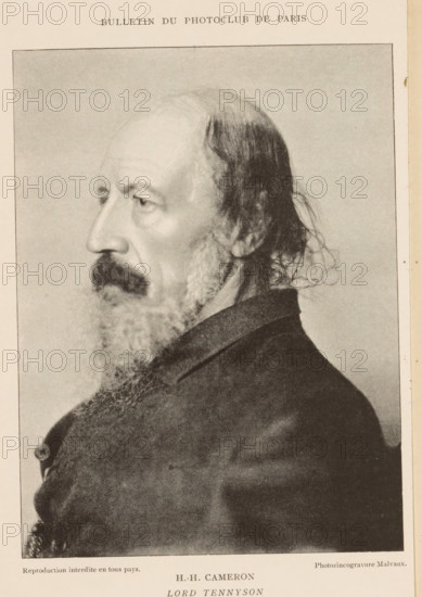 Lord Tennyson, Portrait of Alfred Tennyson, page, photomechanical print, inscription: 'Bulletin du Photo-Club de Paris', inscription: 'Reproduction interdite en tous pays.', photographer: Henry Herschel Hay Cameron, cliché maker: Jean Malvaux, c. 1888 - in or before 1893, paper, autotypie, height 160 mm x width 119 mm, Person, Alfred Tennyson, historical persons, A sepia-toned portrait of an older man shown in profile facing left, with a high forehead, receding hairline, and long thinning hair at the back; he has a prominent nose, deep-set eyes, bushy mustache, and a long full beard; he wears a dark coat with a high collar and visible buttons, and the image is framed by a light border on aged paper.