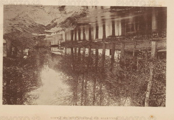 Les Bords de l'Epte, a Gisors, Bank of the river Epte near Gisors, France, page, photomechanical print, inscription: 'Bulletin du Photo-Club de Paris', maker: Paul Bourgeois, maker: Laussedat & Sabatier, c. 1888 - in or before 1893, Paul Bourgeois, Laussedat & Sabatier, paper, collotype, photoprint, height 110 mm x width 180 mm, trees, river, Gisors, An inverted sepia-toned photograph of a tree-lined scene with a body of water reflecting tall trunks and branches, showing dense foliage along the banks, a wooden fence or railing visible near the water, and a building partially seen through the trees.