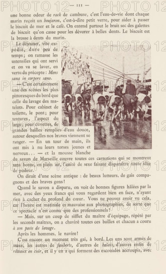 Activities on board a warship, page, photomechanical print, c. 1888 - in or before 1893, paper, collotype, light print, height 79 mm x width 106 mm, steamship, motorship, (military) equipment and supply, crew, ship, A sepia-toned page from a book showing a rectangular photograph on the right side with a group of people bent over on a wet wooden deck, their backs and legs visible, and a few standing figures nearby; ropes, masts, and rigging are visible rising behind them, and water or reflections appear on the deck surface.