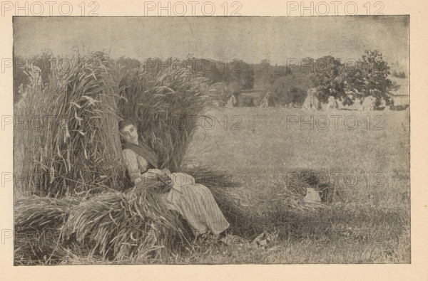 Reproduction of a design of a person sitting in a reed collar, reproduction, page, photomechanical print, cliché maker: Kurtz, after design by anonymous, c. 1890 - in or before 1895, photographer, paper, autotypie, height 120 mm x width 192 mm, meadow, pasture, sitting figure, plants and herbs: reed, A monochrome scene shows a woman reclining against a tall stack of cut grain in a field, wearing a long dress and a shawl, her head tilted and gaze directed outward. The grain stack surrounds her on one side and a bundle of loose stalks lies at her feet. In the foreground near the bundle, a ceramic jug sits on the grass. The background features an open grassy field extending to a line of trees and several additional haystacks scattered near the treeline. The image has a textured, halftone appearance and a narrow border framing the scene.