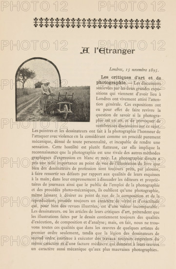 Farmer's wife with a wheelbarrow with hay, page, photomechanical print, c. 1890 - in or before 1895, paper, collotype, photoprint, height 54 mm x width 63 mm, farmers - AA - female farmer, farmer's wife, wheelbarrow, agricultural products and by-products: hay, A sepia-toned page with a decorative border near the top, a large ornamental title area, and a rectangular photograph framed with an arched top on the left showing a person standing next to a wheelbarrow or cart in a field with a tree and a small structure in the background; the right and lower portions of the page are filled with dense printed paragraphs of text.