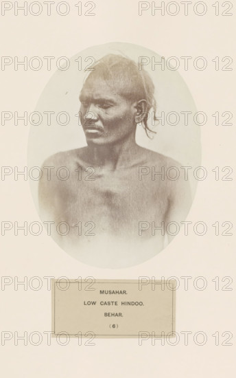 Portrait of an unknown man from the Musahar community of Bihar in eastern India, photograph, page, number: '(6)', inscription: 'MUSAHAR., LOW CASTE HINDOO., BEHAR.', Bihar, c. 1858 - in or before 1868, photographer, North India, paper, albumen print, height 157 mm x width 121 mm, human races, peoples, nationalities, A faded oval sepia photograph of a bare-chested person with short, uneven hair and a small topknot or tied strand at the back, facing slightly to the viewer's left; the person's facial features are visible in profile with a neutral expression, visible collarbones, shoulders, and upper chest, all framed against a light background and mounted on a pale sheet with a rectangular label area beneath the oval.