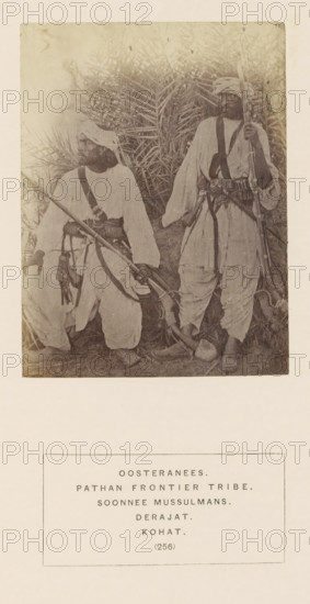 Portrait of two unknown men with muskets from the Storyani tribe of Kohat, Khyber Pakhtunkhwa, Pakistan, photograph, page, The Storyani tribe is also known as Ustrani., number: '(256)', inscription, q: 'EASTERNEESE., PATHAN FRONTIER TRIBE., SOONNEE MUSSULMANS., DERAJAT., KOHAT.', Kohat, c. 1862 - in or before 1872, photographer, paper, albumen print, height 115 mm x width 87 mm, head-gear: turban, firearms: rifle, human races, peoples, nationalities, A faded sepia photograph shows two men wearing loose traditional garments and turbans standing in front of dense palm fronds; both men carry long rifles and have wide belts with pouches and straps across their chests, one man standing slightly behind the other while the other rests a hand on his knee, and the ground around their feet is covered with grass and a rounded object.