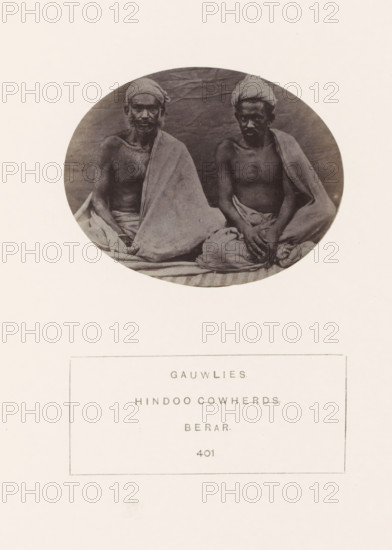 Portrait of two unknown men from the Gawli community of the former Berar in central India, photograph, page, inscription: 'GAUWLIES., HINDOO COWHERDS., BERAR.', number: '401', photographer: James Mulheran (possibly), Berar, 1862, paper, albumen print, height 62 mm x width 79 mm, human races, peoples, nationalities, A circular sepia photograph shows two seated men wearing headwraps and draped cloths over their shoulders and lower bodies, both bare-chested and positioned side by side against a plain backdrop; the man on the left has a beard and looks toward the camera while the man on the right has a mustache and looks slightly downward, their hands resting in their laps and folds of fabric visible around them, all framed on a light-colored page with a rectangular bordered area beneath the image.
