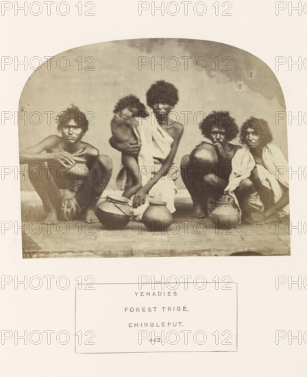 Group portrait of a family from the Yenadi tribe with cooking pots, Chengalpattu, Tamil Nadu, India, photograph, page, number: '442.', inscription: 'YENADIES., FOREST TRIBE., CHINGLEPUT.', c. 1865 - in or before 1875, photographer, South India, paper, albumen print, height 105 mm x width 130 mm, human races, peoples, nationalities, kitchen-utensils: pot, A sepia-toned photograph shows five seated figures arranged in a row against a plain backdrop, each with dark, curly hair and wearing simple draped cloths; the central figure holds a small child against their chest while two rounded vessels rest on the ground in front of them, and the outer figures sit with knees drawn up and hands near the vessels, all positioned on a flat tiled surface with a faded, arched vignette framing the upper portion of the image.