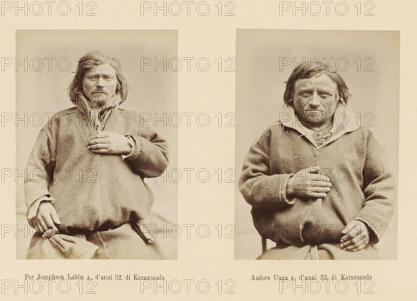 Two portraits of Per Josephsen Labba and Anders Unga, Anders Unga ?, d' anni 33, di Karasuando, Per Josephsen Labba ?, d' anni 32, page, Left a front view of Per Josephsen Labba, right a front view of Anders Unga., number: 'Tavola X.', photographer: Paolo Mantegazza, Scandinavia, photographer: Carlo Pietro Stefano Sommier, c. 1870 - in or before 1880, paper, albumen print, height 254 mm x width 340 mm, Photo in photo section at the back, adult man (front view), Two sepia-toned portrait photographs placed side by side on a light background, each showing a seated person from the waist up wearing heavy, coarse outer garments with high collars and visible stitching; both have one hand resting on their chest and the other hand visible near their lap. The person on the left has medium-length tousled hair, a short beard, a layered scarf or collar around the neck, and a large loose-fitting garment tied at the waist; the person on the right has shorter hair, a trimmed beard, a thick collar turn...