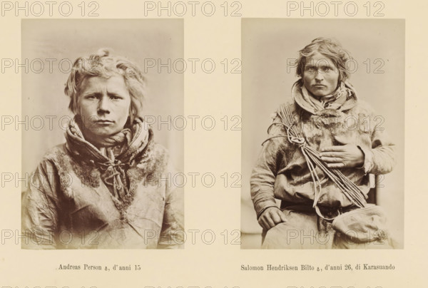 Solomon Hendriksen Bilto ?, d' anni 26, di Karasuando, Two portraits of Andreas Person and Solomon Hendriksen Bilto, Andreas Person ?, d' anni 15, page, Left a front view of Andreas Person, right a front view of Solomon Hendriksen Bilto., number: 'Tavola XI.', photographer: Paolo Mantegazza, Scandinavia, photographer: Carlo Pietro Stefano Sommier, c. 1870 - in or before 1880, paper, albumen print, height 254 mm x width 340 mm, Photo in photo section at the back., fashion, clothing (fur used for clothes), adult man (front view), Two sepia-toned portrait photographs placed side by side on a pale background are visible. The left portrait shows a young person with light-colored tousled hair and a solemn expression wearing a fur-lined garment and a thick wrapped scarf tied at the front; the clothing appears textured and worn. The right portrait shows an older person seated, with slightly longer hair and a direct gaze, wearing layered clothing including a fur-lined outer garment and a wrappe...