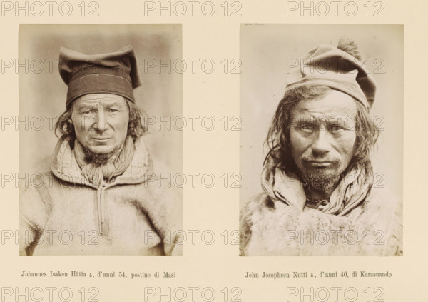 John Josephsen Nutti ?, d' anni 40, di Karasuando, Johannes Isaken Hätta ?, d' anni 54, postino di Masi, Two portraits of Johannes Isaken Hätta and John Josephsen Nutti, page, Left a front view of Johannes Isaken Hätta, right a front view of John Josephsen Nutti., number: 'Tavola XII.', photographer: Paolo Mantegazza, Scandinavia, photographer: Carlo Pietro Stefano Sommier, c. 1870 - in or before 1880, paper, albumen print, height 254 mm x width 340 mm, Photo in photo section at the back, head-gear, adult man (front view), Two sepia-toned portrait photographs of men are placed side by side on a light background. The left portrait shows a man wearing a soft, folded cap and a thick garment with a high collar and a tied scarf, his face showing a short beard and visible facial lines. The right portrait shows a man wearing a slouched cap with a small pompom at the back and layered clothing with a scarf and a furry outer garment, his face framed by longer hair and a short beard.