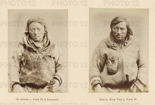 Ole Johnsen ?, d' anni 60, di Karasuando, Guttorm Nilson Unga ?, d' anni 40, Two portraits of Ole Johnsen and Guttorm Nilson Unga, page, Left a front view of Ole Johnsen, right a front view of Guttorm Nilson Unga., number: 'Tavola XIII.', photographer: Paolo Mantegazza, Scandinavia, photographer: Carlo Pietro Stefano Sommier, c. 1870 - in or before 1880, paper, albumen print, height 254 mm x width 340 mm, Photo in photo section at the back., fashion, clothing (fur used for clothes), adult man (front view), Two sepia-toned portrait photographs of men are placed side by side on a pale background. The left portrait shows a man with unkempt hair and a rough beard wearing a fur-lined garment with a high collar and visible stitching; his hands rest in his lap and one holds a small object. The right portrait shows a man with longer hair and a short beard wearing a pullover garment with a pouch hanging from a cord at his chest and rolled cuffs at his sleeves; his hands rest near his waist. Bot...