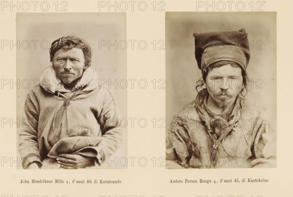 Anders Persen Bongu ?, d' anni 45, di Kautokeino, Two portraits of John Hendriksen Bilto and Anders Persen Bongu, John Hendriksen Bilto ?, d' anni 40, di Karasuando, page, Left a front view of John Hendriksen Bilto, right a front view of Anders Persen Bongu., number: 'Tavola XIV.', photographer: Paolo Mantegazza, Scandinavia, photographer: Carlo Pietro Stefano Sommier, c. 1870 - in or before 1880, paper, albumen print, height 254 mm x width 340 mm, Photo in photo section at the back., head-gear, fashion, clothing (fur used for clothes), adult man (front view), Two sepia-toned portrait photographs printed side by side on a cream background show two men from the waist up wearing worn layered outer garments; the man on the left has short tousled hair, a mustache and goatee, a fur-lined collar, and holds a folded piece of clothing in his lap while looking forward with a neutral expression, and the man on the right wears a tall soft hat, has longer hair and facial hair, a wrinkled face, and...