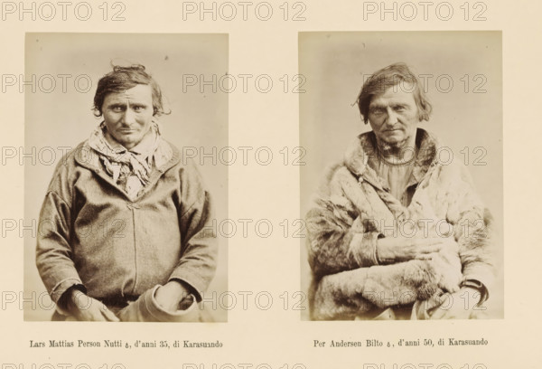 Per Andersen Bilto ?, d' anni 50, di Karasuando, Lars Mattias Person Nutti ?, d' anni 35, Two portraits of Lars Mattias Person Nutti and Per Andersen Bilto, page, Left a front view of Lars Mattias Person Nutti, right a front view of Per Andersen Bilto., number: 'Tavola XV.', photographer: Paolo Mantegazza, Scandinavia, photographer: Carlo Pietro Stefano Sommier, c. 1870 - in or before 1880, paper, albumen print, height 254 mm x width 340 mm, Photo in photo section at the back., fashion, clothing (fur used for clothes), adult man (front view), Two sepia-toned portrait photographs mounted side by side on a pale background, each showing a seated man from the waist up. The left portrait shows a man with short tousled hair wearing a plain jacket and a loosely wrapped scarf around his neck, holding a rounded hat in his hands; his expression is neutral and his clothing appears textured. The right portrait shows a man with slightly longer hair wearing a thick fur coat draped over his shoulders...