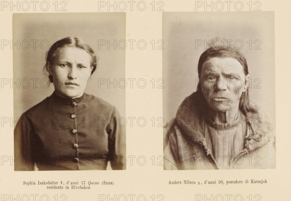 Two portraits of Sophia Isaksdatter and Anders Nilsen, Anders Nilsen ?, d' anni 50, pescatore di Karasjok, Sophia Isaksdatter ?, d' anni 17 Quene (finna) residente in Elvebaken, page, Left a front view of Sophia Isaksdatter, right a front view of Anders Nilsen., number: 'Tavola XVIII.', photographer: Paolo Mantegazza, Scandinavia, photographer: Carlo Pietro Stefano Sommier, c. 1870 - in or before 1880, paper, albumen print, height 254 mm x width 340 mm, Photo in photo section at the back, adult man (front view), adult woman (front view), A split image showing two sepia-toned portrait photographs mounted on a cream background, the left portrait of a young woman facing forward with hair pulled back and wearing a high-collared dark dress with a row of round buttons down the front, and the right portrait of an older person facing forward with long hair, a mustache and lined facial features, wearing a textured outer garment with a visible collar; both portraits are rectangular with soft foc...