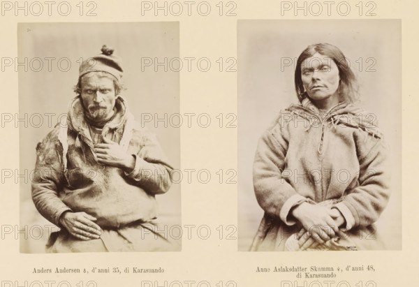 Two portraits of Anders Andersen and Anna Aslaksdatter Skumma, Anna Aslaksdatter Skumma ?, d' anni 48, di Karasuando, Anders Andersen ?, d' anni 35, page, Left a front view of Anders Andersen, right a front view of Anna Aslaksdatter Skumma., number: 'Tavola XIX.', photographer: Paolo Mantegazza, Scandinavia, photographer: Carlo Pietro Stefano Sommier, c. 1870 - in or before 1880, paper, albumen print, height 254 mm x width 340 mm, Photo in photo section at the back, adult man (front view), adult woman (front view), A sepia-toned image showing two vertical portrait photographs side by side on a pale background, each framed by a lighter border; the left portrait features a middle-aged man wearing a knit cap with a small pom-pom and layered clothing with visible wear, a scarf around his neck, a rugged face with a mustache and beard, one hand resting on his chest and the other on his lap; the right portrait shows a woman wearing a heavy, fringed outer garment with a tied collar, shoulder-l...
