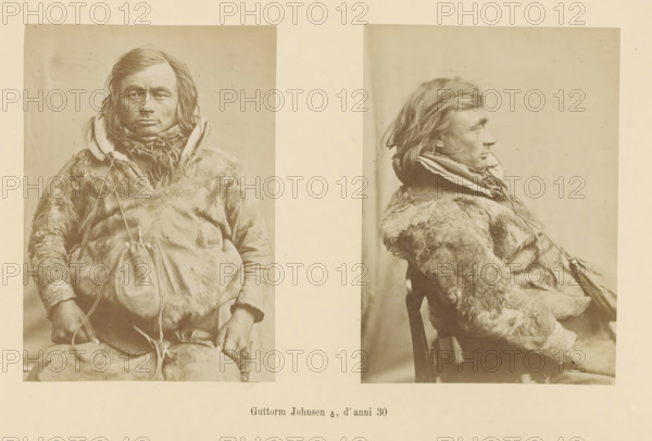 Two portraits of Guttorm Johnsen, Guttorm Johnsen ?, d' anni 30, page, Left a front view, right a side view., number: 'Tavola II.', photographer: Paolo Mantegazza, Scandinavia, photographer: Carlo Pietro Stefano Sommier, c. 1870 - in or before 1880, Paolo Mantegazza, Carlo Pietro Stefano Sommier, paper, albumen print, height 254 mm x width 340 mm, Photo in photo section at the back., fashion, clothing (fur used for clothes), adult man (side view, profile), adult man (front view), Two sepia-toned portrait photographs of the same person are presented side by side on a pale background, one showing a frontal view and the other a profile view. The person has shoulder-length hair that appears tousled and wears a thick fur garment with a high collar and layered scarves around the neck. In the frontal view the person sits with hands resting near the lap and a pouch hanging from a strap across the chest, and the facial expression appears neutral. In the profile view the person is seated on a ch...