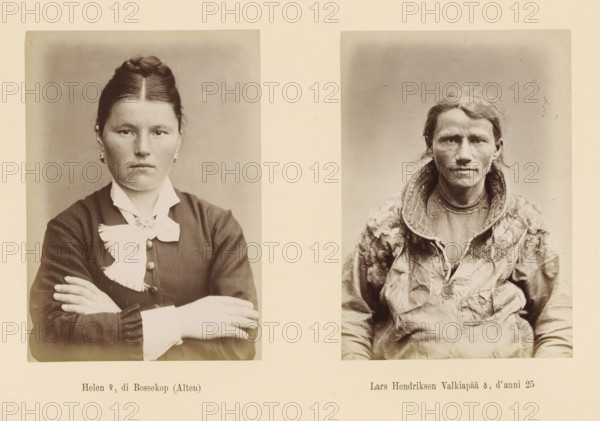 Helen ?, di Bossekop (Alten), Two portraits of Helen and Lars Hendriksen Valkiapää, Lars Hendriksen Valkiapää ?, d' anni 25, page, Left a front view of Helen, right a front view of Lars Hendriksen Valkiapää., number: 'Tavola XX.', photographer: Paolo Mantegazza, Scandinavia, photographer: Carlo Pietro Stefano Sommier, c. 1870 - in or before 1880, Paolo Mantegazza, Carlo Pietro Stefano Sommier, paper, albumen print, height 254 mm x width 340 mm, Photo in photo section at the back., adult man (front view), adult woman (front view), Two sepia-toned photographic portraits printed side by side on cream paper show a woman on the left and a man on the right. The woman faces forward with arms crossed, dark hair parted in the middle and styled back, wearing earrings and a dark dress with a high white collar and a large white bow at the throat; her expression is neutral. The man also faces forward with a direct gaze, tousled lighter hair, weathered facial features, and stubble, wearing a texture...