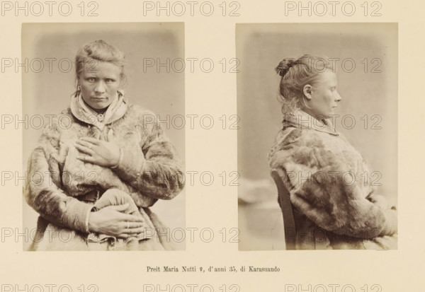 Two portraits of Preit Maria Nutti, Preit Maria Nutti ?, d' anni 35, page, Left a front view, right a side view., number: 'Tavola XXIV.', photographer: Paolo Mantegazza, Scandinavia, photographer: Carlo Pietro Stefano Sommier, c. 1870 - in or before 1880, Paolo Mantegazza, Carlo Pietro Stefano Sommier, paper, albumen print, height 254 mm x width 340 mm, Photo in photo section at the back., fashion, clothing (fur used for clothes), adult woman (sideview, profile), adult woman (front view), A sepia-toned image showing two portrait photographs of the same woman placed side by side on a light background, one a frontal view and the other a profile view; she has hair pulled back into a bun and wears a heavy fur coat with a scarf around her neck, her face appearing solemn in the frontal image while in the profile her features are seen in soft side light, her hands are visible in the frontal view resting over her midsection, and the profile image shows her seated on a wooden chair.