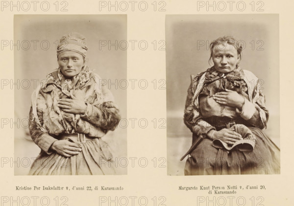 Two portraits of Kristine Per Isaksdatter and Margarete Knut Person Nutti, Margarete Knut Person Nutti ?, d' anni 20, di Karasuando, Kristine Per Isaksdatter ?, d' anni 22, page, Left a front view of Kristine Per Isaksdatter, right a front view of Margarete Knut Person Nutti., number: 'Tavola XXVI.', photographer: Paolo Mantegazza, Scandinavia, photographer: Carlo Pietro Stefano Sommier, c. 1870 - in or before 1880, paper, albumen print, height 254 mm x width 340 mm, Photo in photo section at the back., fashion, clothing (fur used for clothes), adult woman (front view), Two sepia-toned portrait photographs of young women are placed side by side on a pale background. Both women are seated and shown from the waist up, facing the camera with neutral expressions. The woman on the left wears a layered outfit with a headwrap and a textured shawl, her hand rests on her chest and another on her skirt, and her clothing shows fringed and fur-like details. The woman on the right wears a patterned...